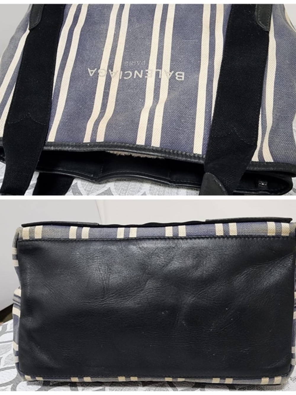 Authentic Balenciaga Canvas Striped Navy Cabas S Tote Bag Navy Blue/White/Black - Picture 8 of 12